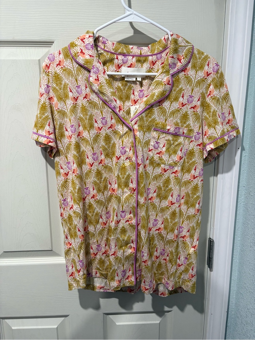 Anthropologie Short-Sleeve Printed Pajama Top in Olive, Pink & Cream